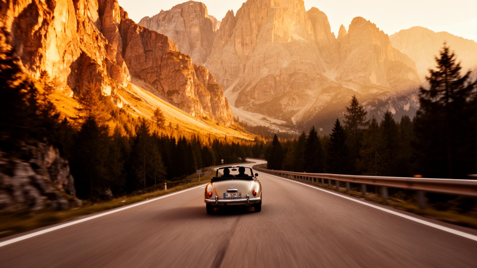 Two travellers driving a vintage convertible through the Dolomites at golden hour
